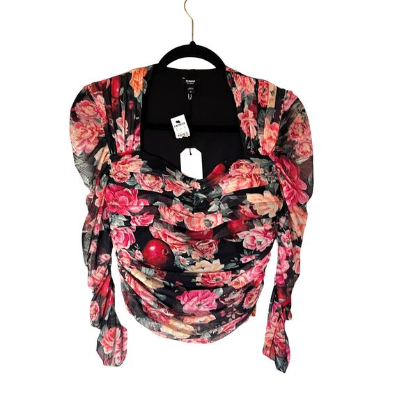 NWT Express Black Floral Body Contour Top SZ M - Picture 1 of 5